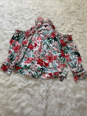 XOXO Women's Vibrant Tropical Floral Ruffle Cold Shoulder Blouse Large